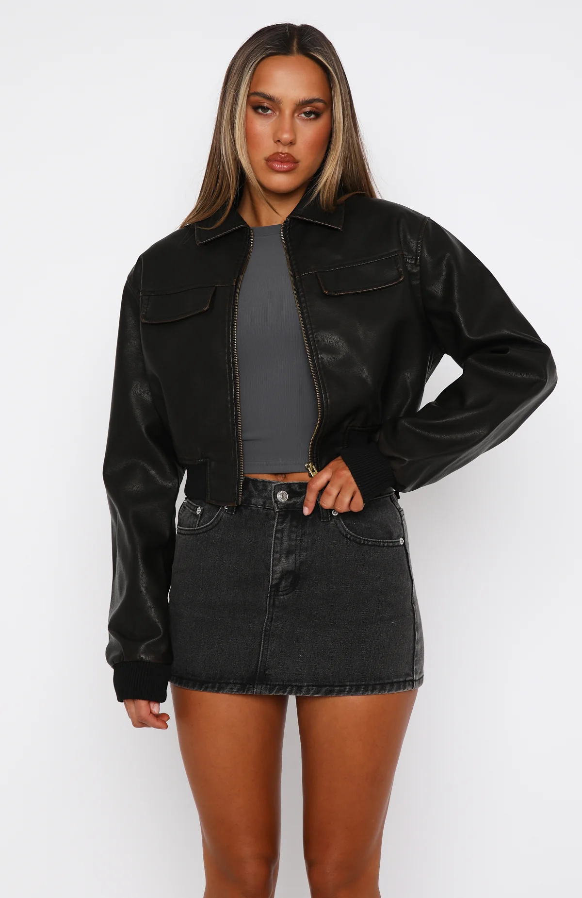Jaded Nights PU Bomber Jacket Dark Chocolate Jaded Nights PU Bomber Jacket Dark Chocolate