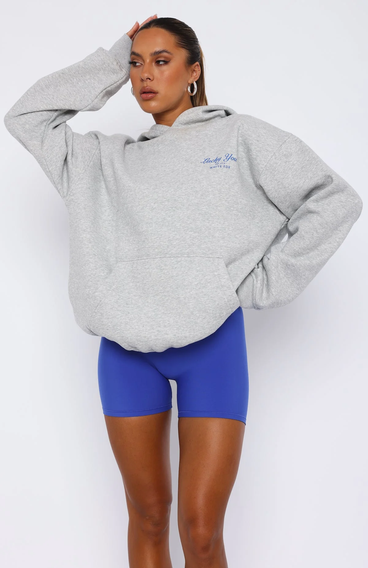 Lucky You Oversized White Fox Hoodie Grey Marle Lucky You Oversized White Fox Hoodie Grey Marle