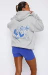 Lucky You Oversized White Fox Hoodie Grey Marle