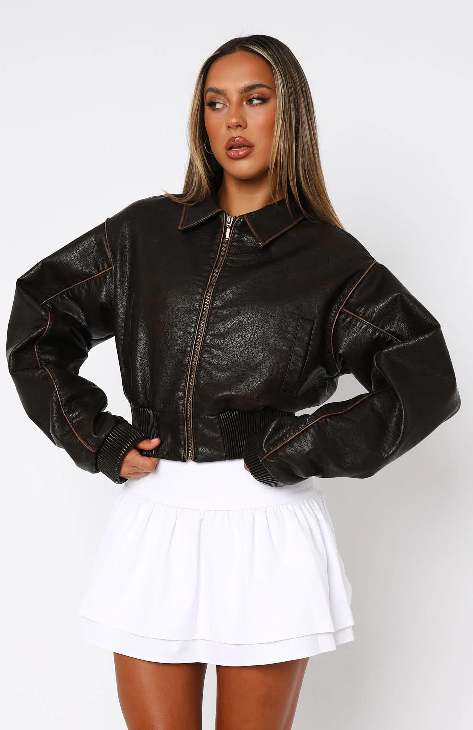 Wise Beyond PU Bomber Jacket Chocolate Wise Beyond PU Bomber Jacket Chocolate